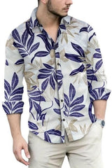 Men's Printed Regular Collar Casual Shirt Cream & Navy Blue
