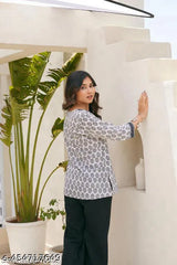 Stylish White Multicolor hand block print cotton kurti for Girls and Women