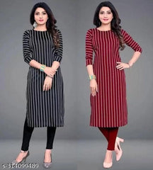 Crepe Striped Kurti for Women (Black & Red, S) (Pack of 2)