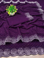 Georgette Embellished Saree for Women (Navy Blue, 6.3 m)